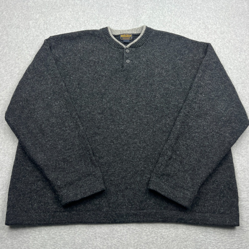 VTG Woolrich Henley Sweater Men's XXL Wool Heather Gray Outdoor Knit Pullover